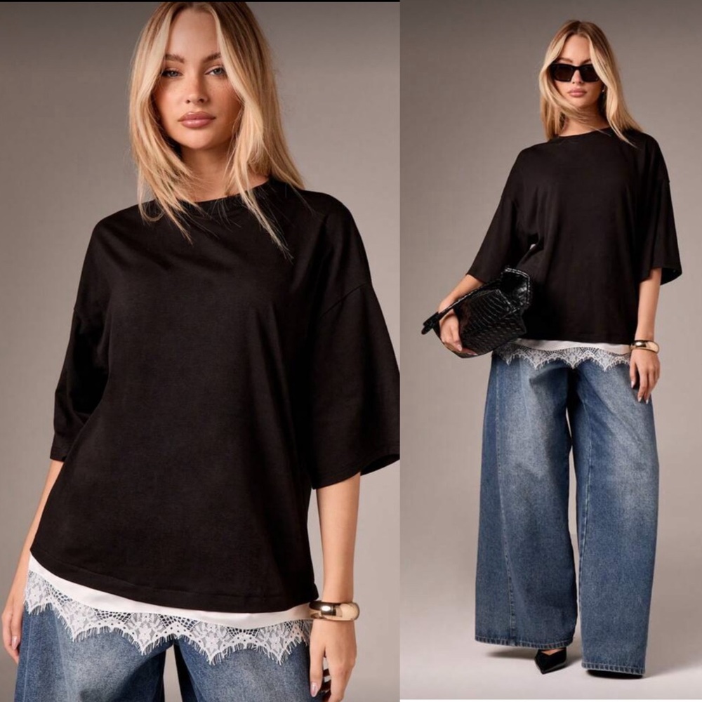 Black Cotton Oversized On Trend Tee with Satin White Lace Hemline!